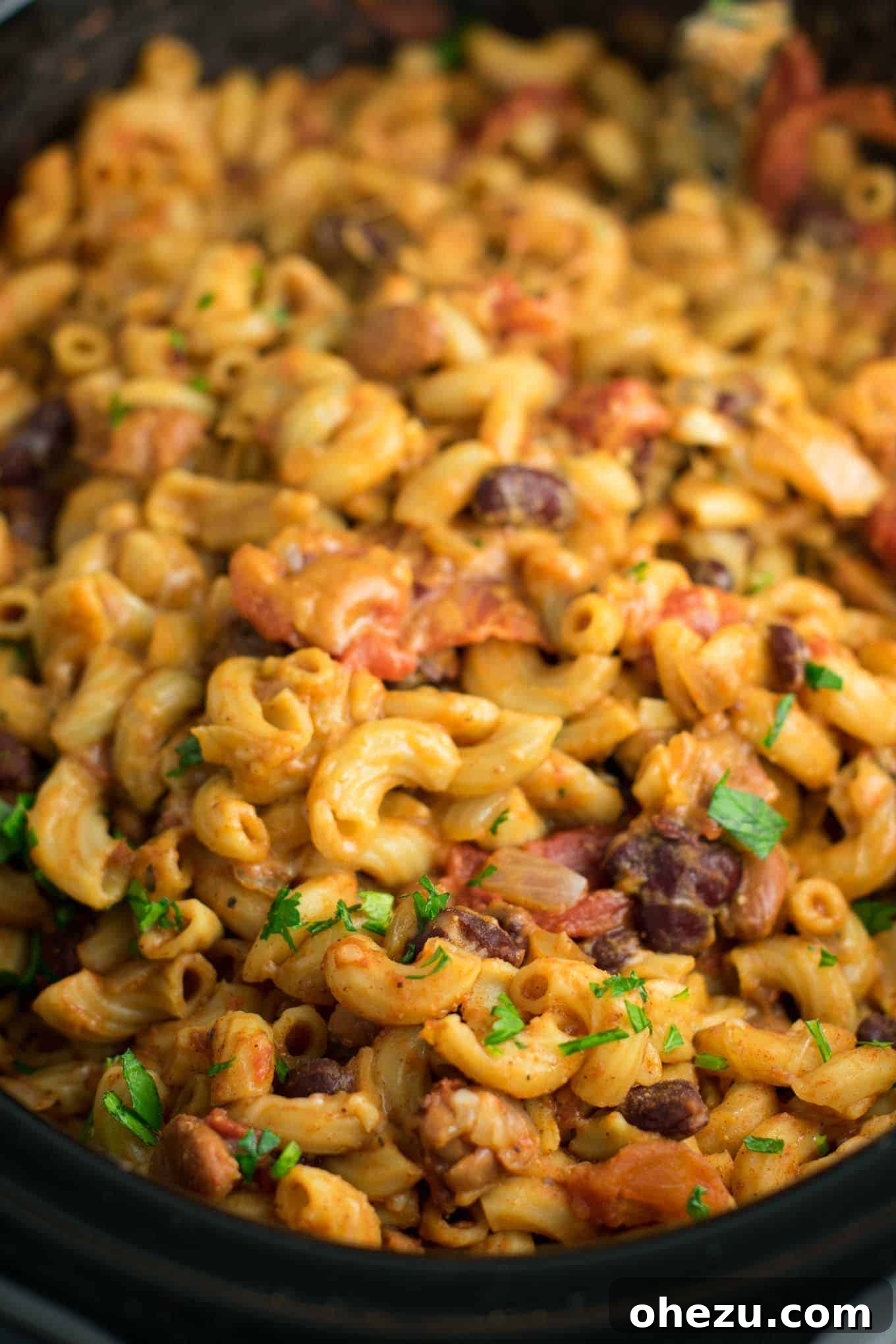 Crock pot pasta recipe with chili, ready to be served