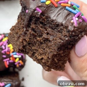 Close-up of a perfectly glazed and sprinkled Chocolate Donut-Frosted Cake Bite, ready to be eaten.