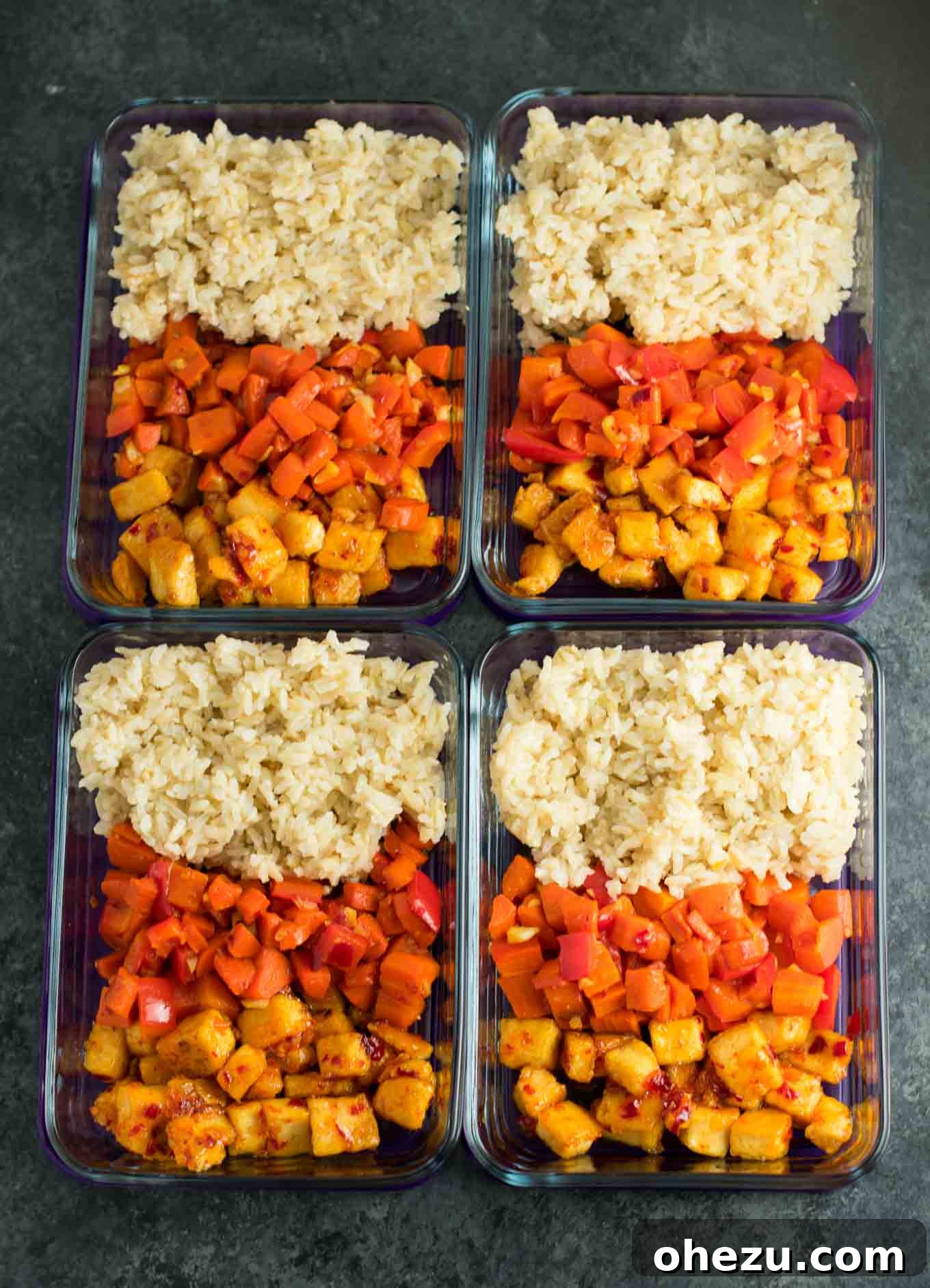 Sweet Chili Tofu Power Bowls 3 Meal Prep Sweet Chili Tofu Bowls with brown rice and vegetables. A delicious vegan or vegetarian meal! #vegan #vegetarian #veganmealprep #tofu