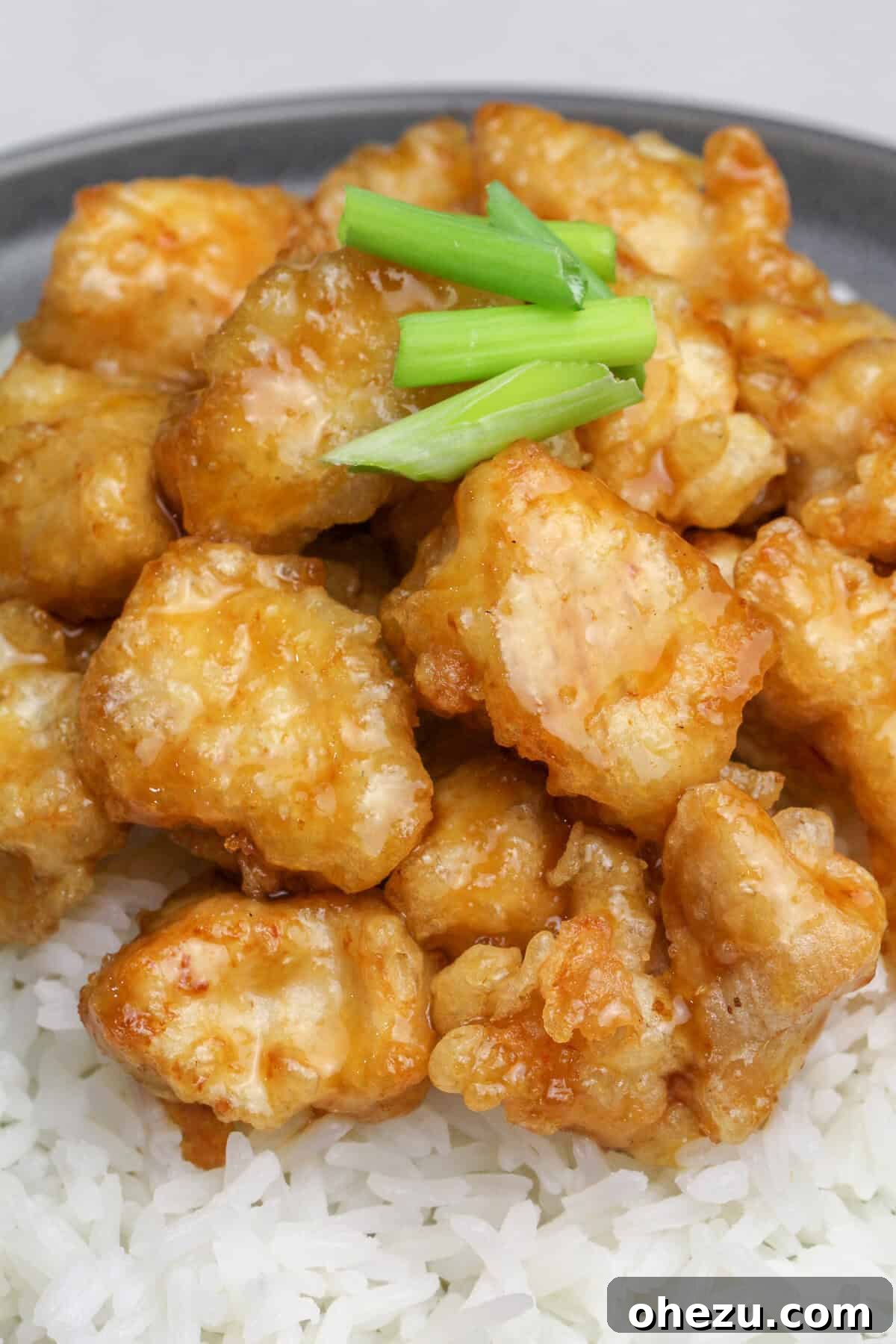 Crispy Honey Chicken PF Changs Copycat, served beautifully with rice and green onions