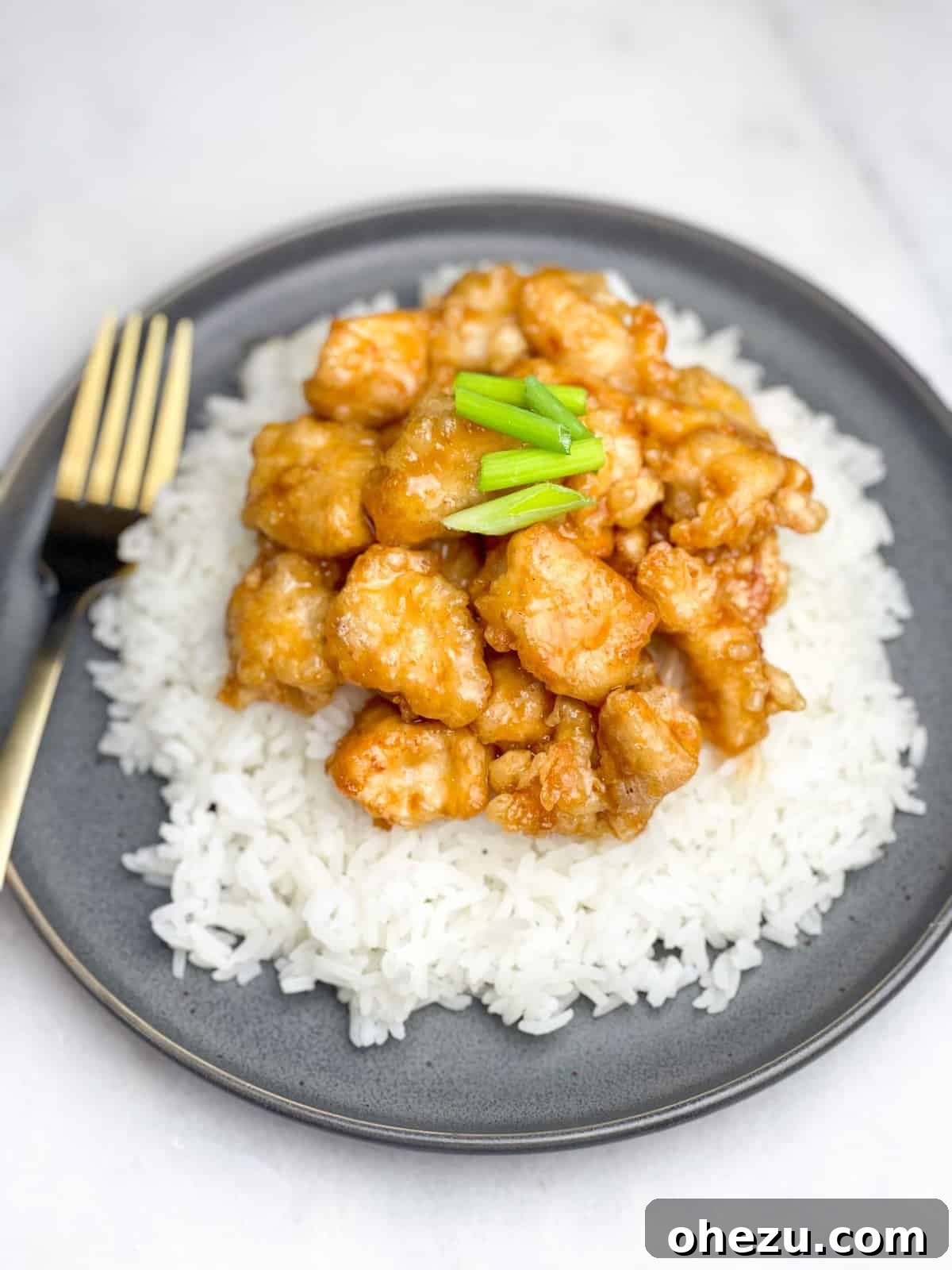 Crispy Honey Chicken plated elegantly with a garnish of green onions