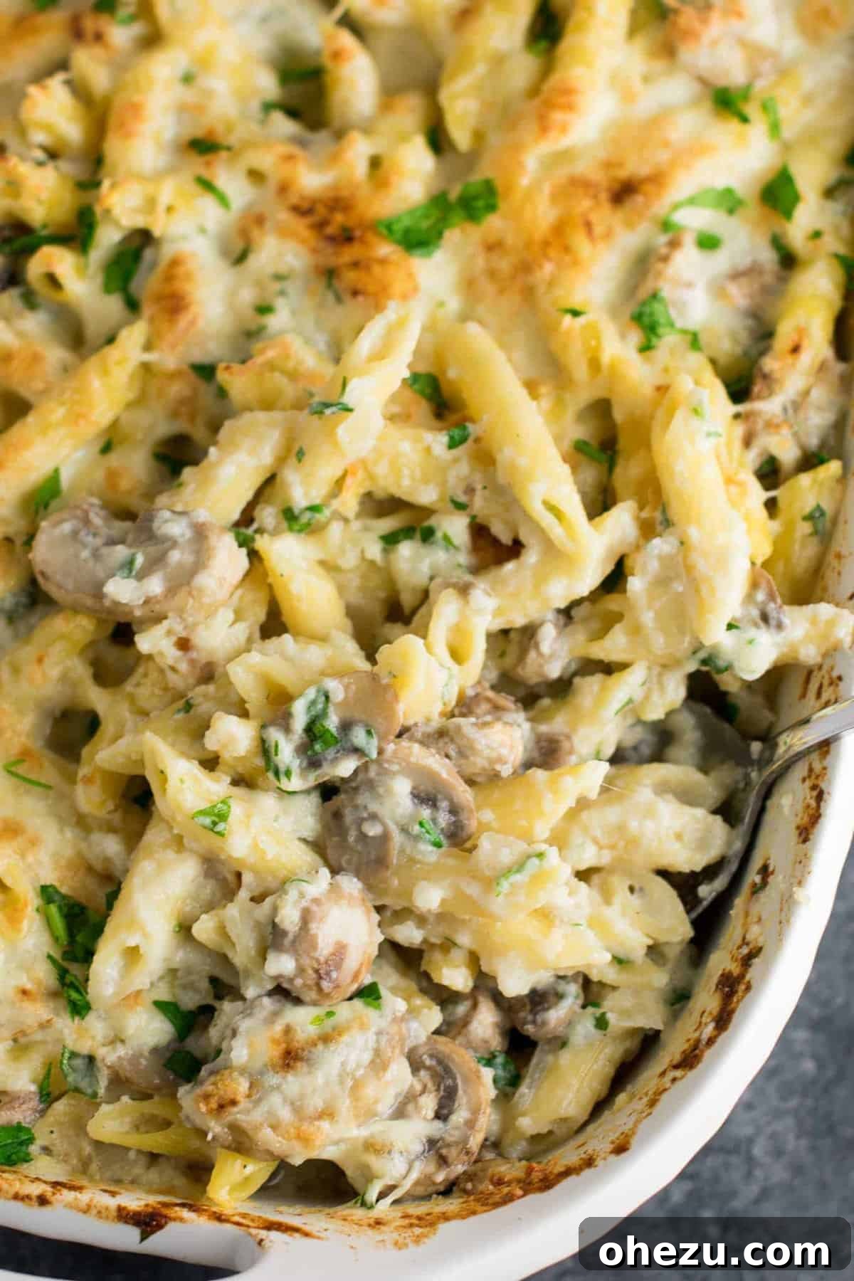 Creamy Mushroom & Cauliflower Alfredo Pasta Bake 11 Mushroom Cauliflower Alfredo Pasta Bake being scooped into a bowl