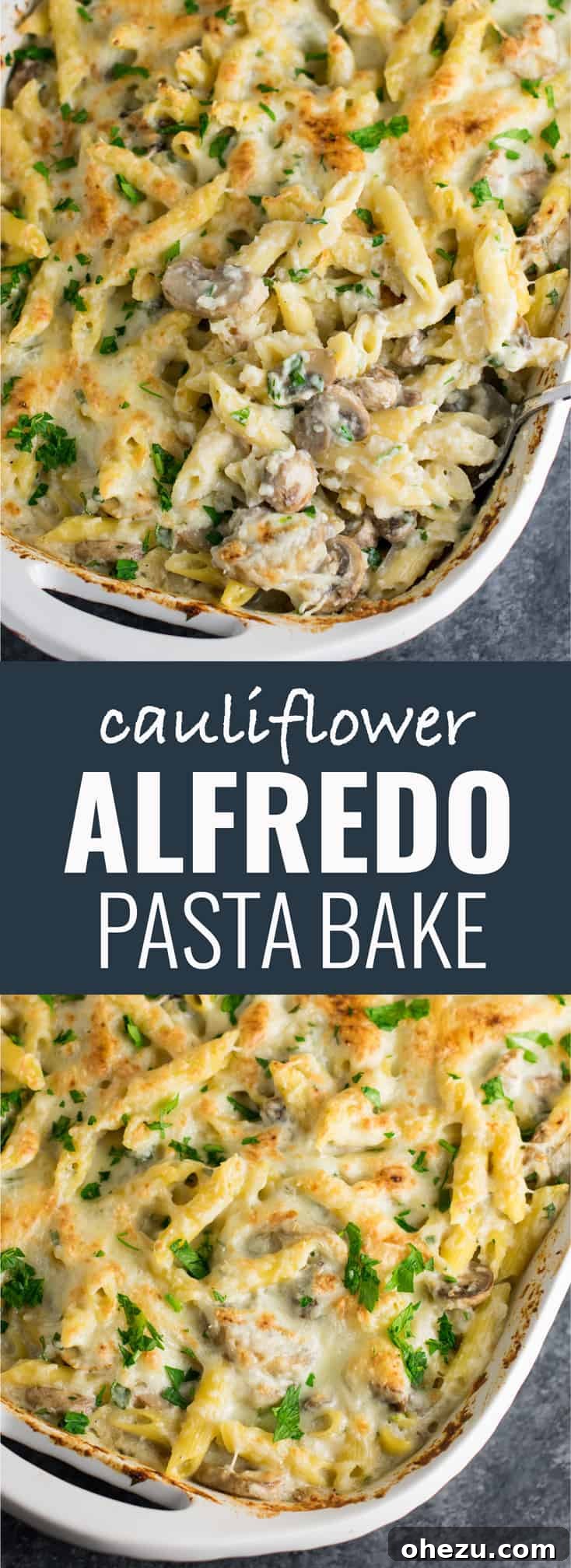 Creamy Mushroom & Cauliflower Alfredo Pasta Bake 12 Pinterest graphic for Mushroom Cauliflower Alfredo Pasta Bake recipe
