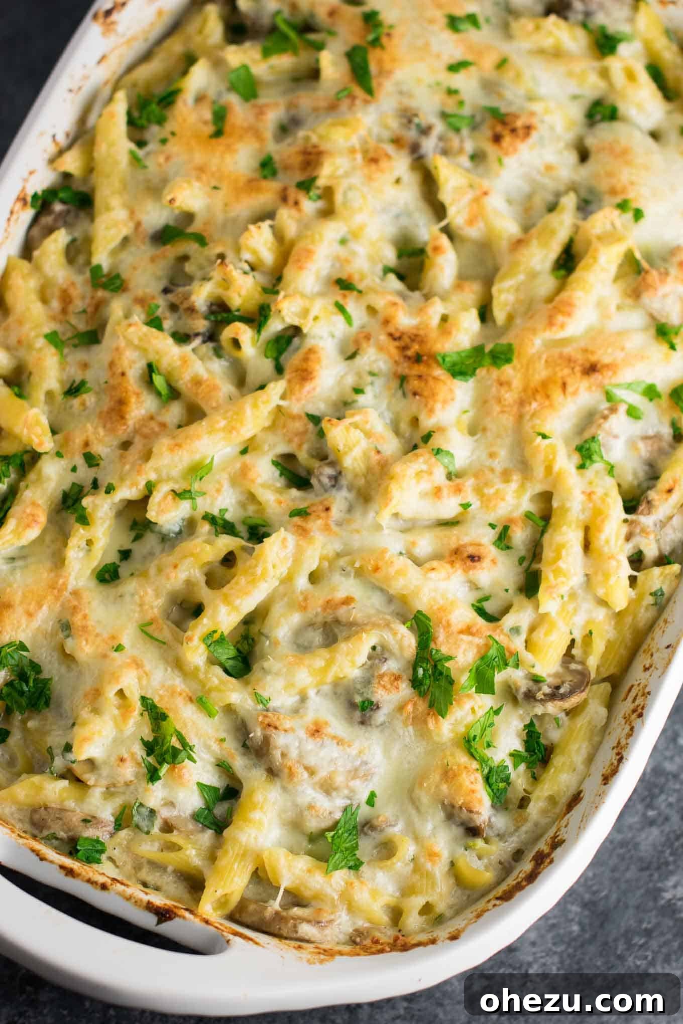 Creamy Mushroom & Cauliflower Alfredo Pasta Bake 5 Ingredients for Mushroom Cauliflower Alfredo Pasta Bake laid out