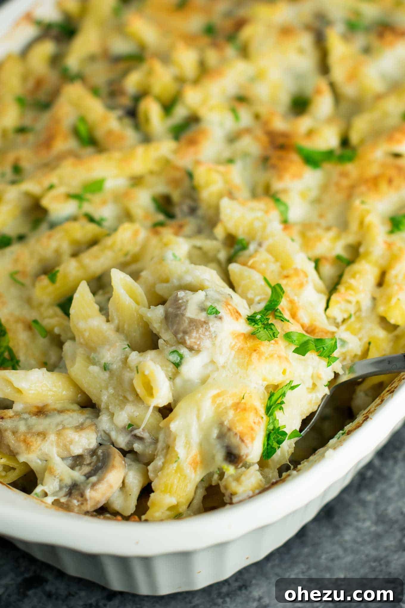 Creamy Mushroom & Cauliflower Alfredo Pasta Bake 6 Mushroom Cauliflower Alfredo Pasta Bake ready for the oven
