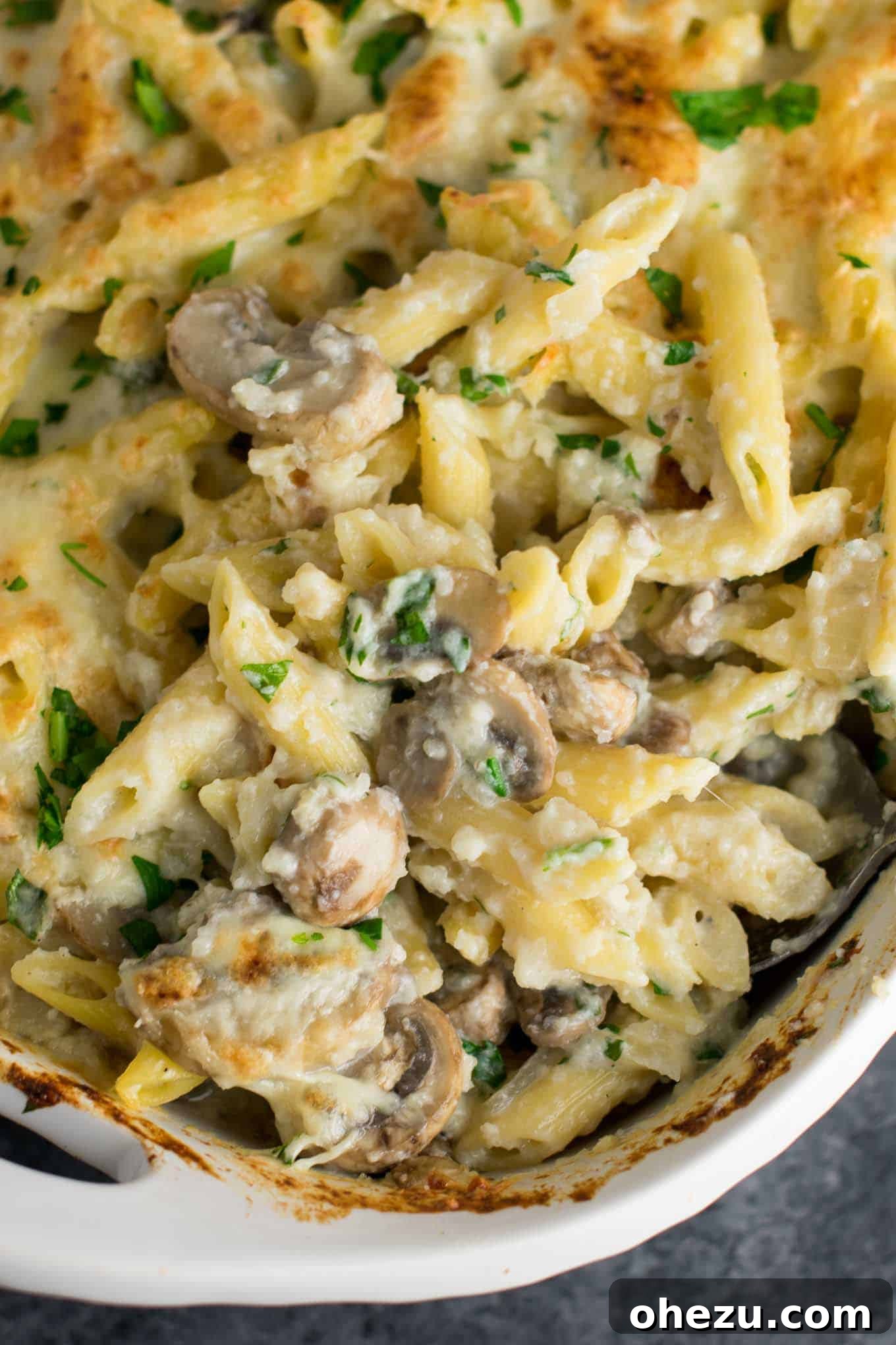 Creamy Mushroom & Cauliflower Alfredo Pasta Bake 9 Mushroom Cauliflower Alfredo Pasta Bake with a serving spoon
