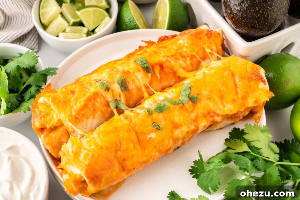 Two perfectly baked sweet potato and black bean enchiladas served on a plate, showcasing the melted cheese and vibrant colors.