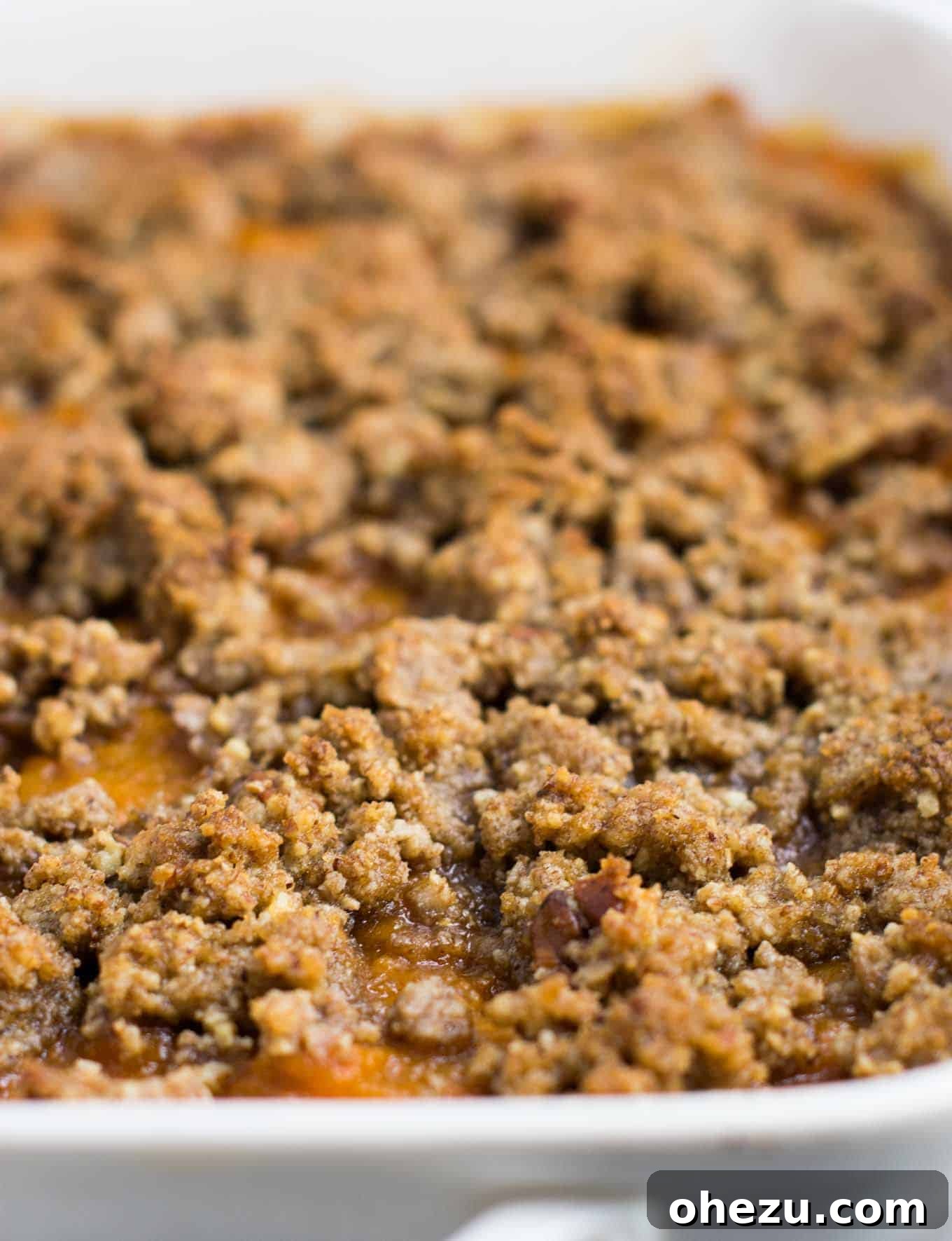 Golden Gluten-Free Sweet Potato Bake 13 Freshly baked gluten-free sweet potato casserole with a rich, golden pecan crumble topping, ready to serve