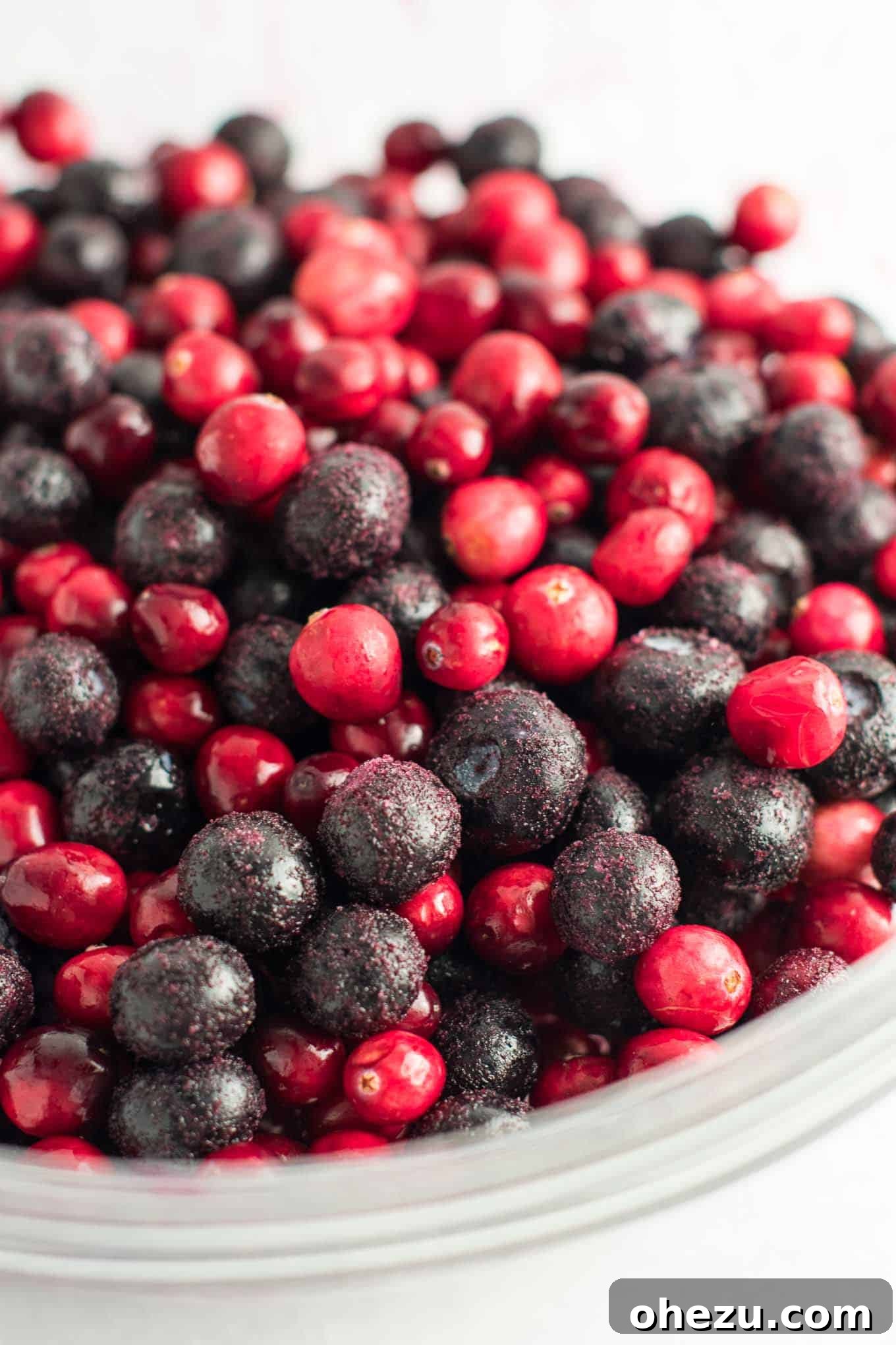Another view of the mixed frozen blueberries and fresh cranberries, emphasizing the quality of the ingredients.