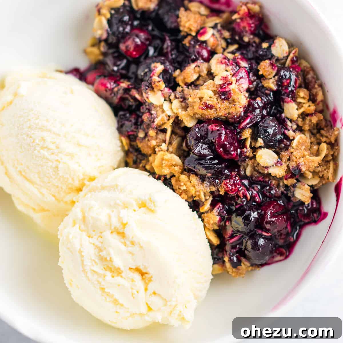 A bowl of cranberry blueberry crisp served with a scoop of melting vanilla ice cream, creating a perfect dessert.