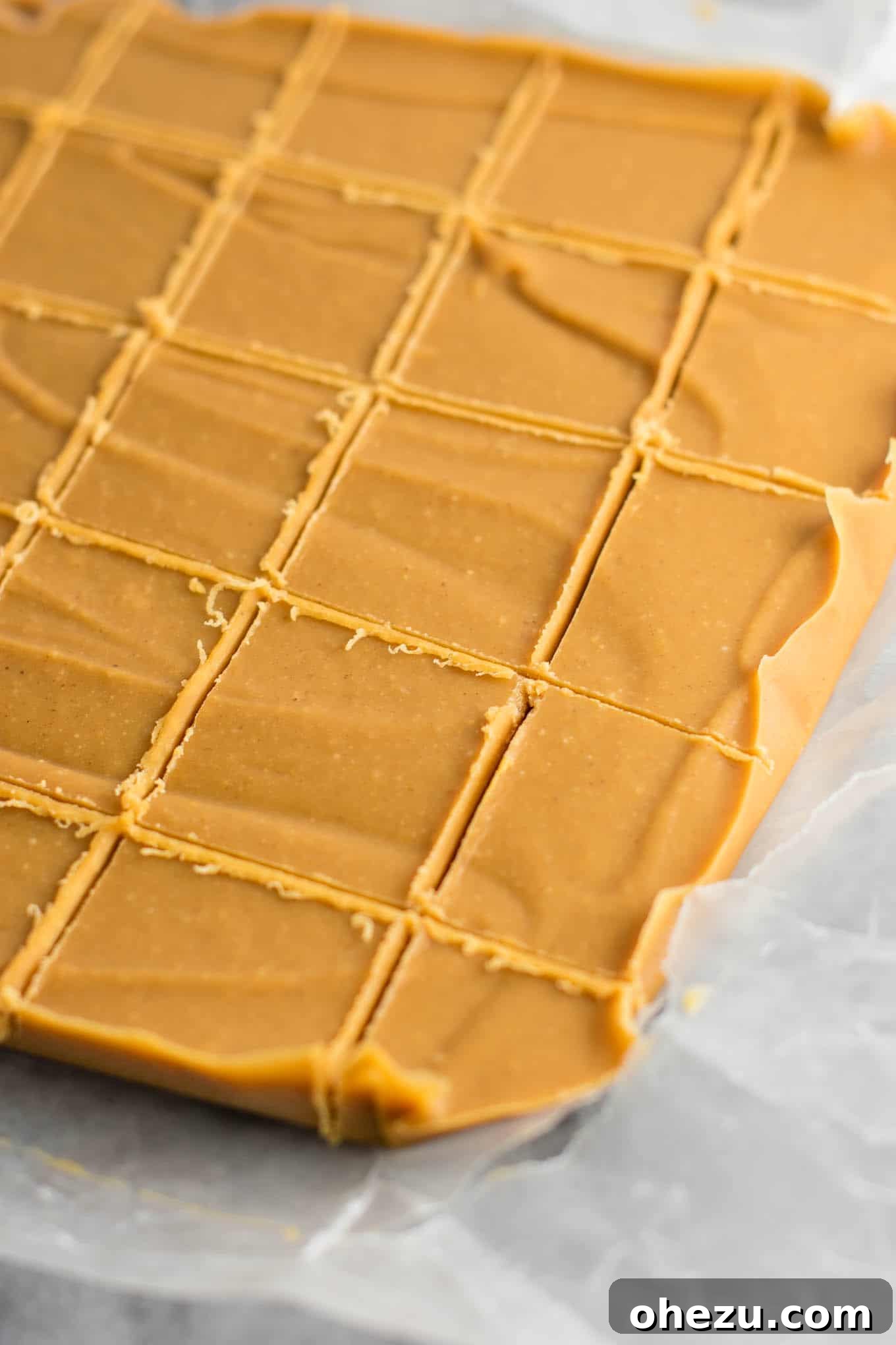 Ultimate healthy vegan peanut butter fudge recipe, showing cut pieces in a pan. #healthyfudge #healthyveganfudge #vegandessert #peanutbutter #glutenfree #vegan