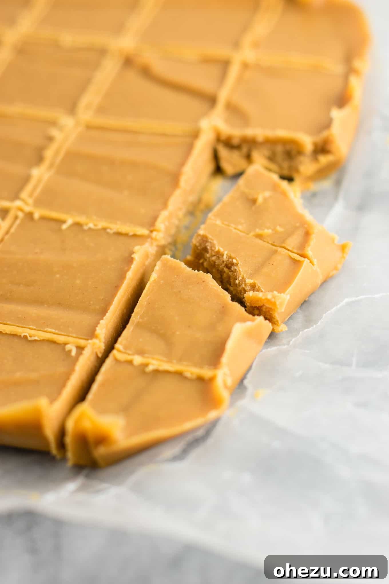 Ultimate healthy vegan peanut butter fudge recipe, showcasing the creamy texture in close up. #healthyfudge #healthyveganfudge #vegandessert #peanutbutter #glutenfree #vegan
