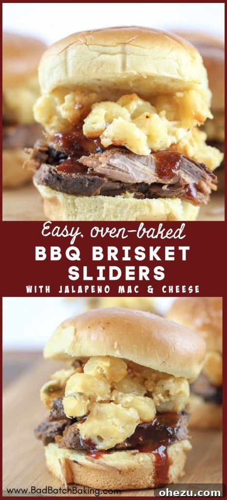 Super Bowl 2022 Your Championship Feast 3 Juicy BBQ Brisket Sliders topped with creamy mac and cheese, a hearty Super Bowl appetizer