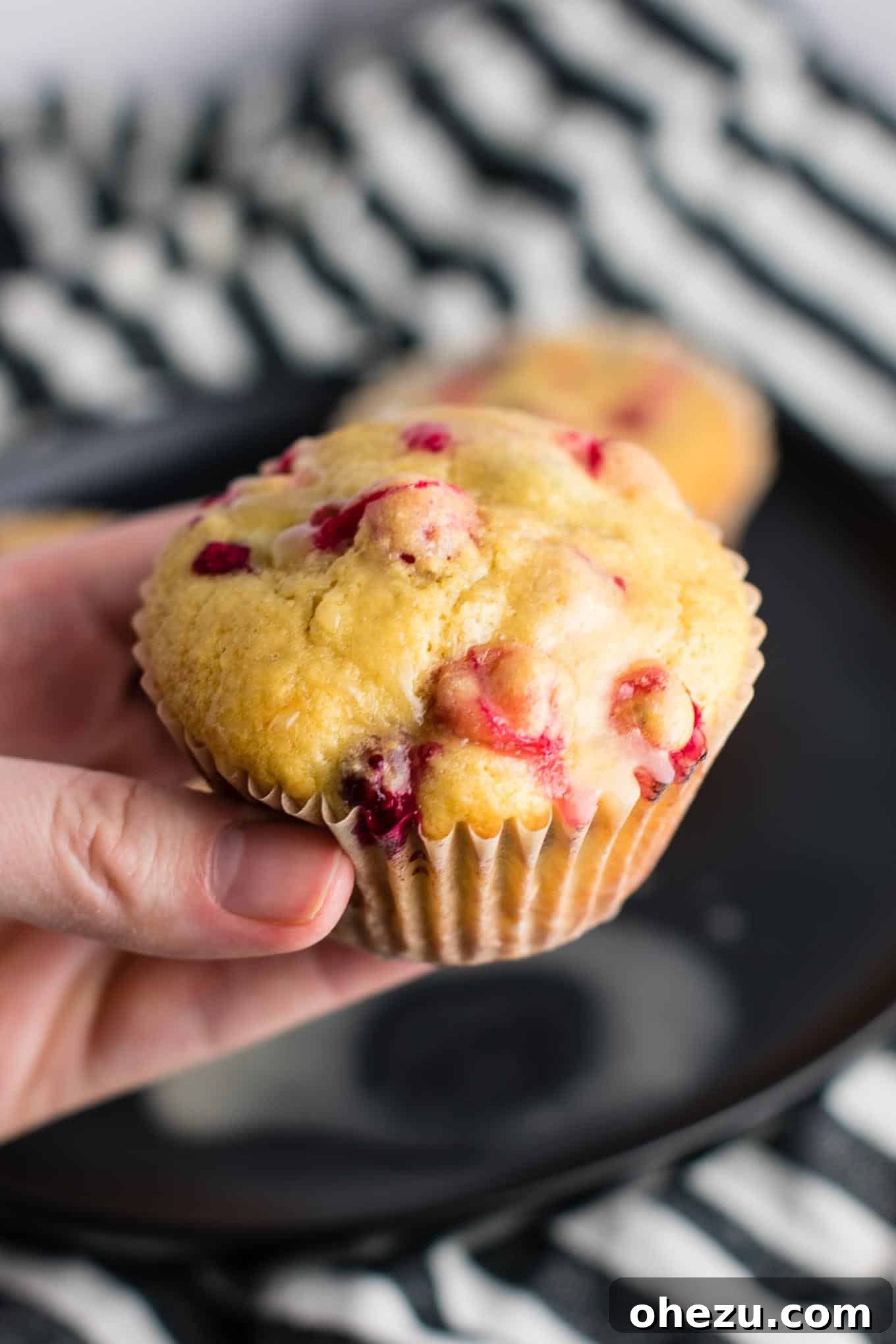 Close-up of healthy Cranberry Orange Muffins on a wire rack, showcasing the fluffy texture and cranberry bursts.