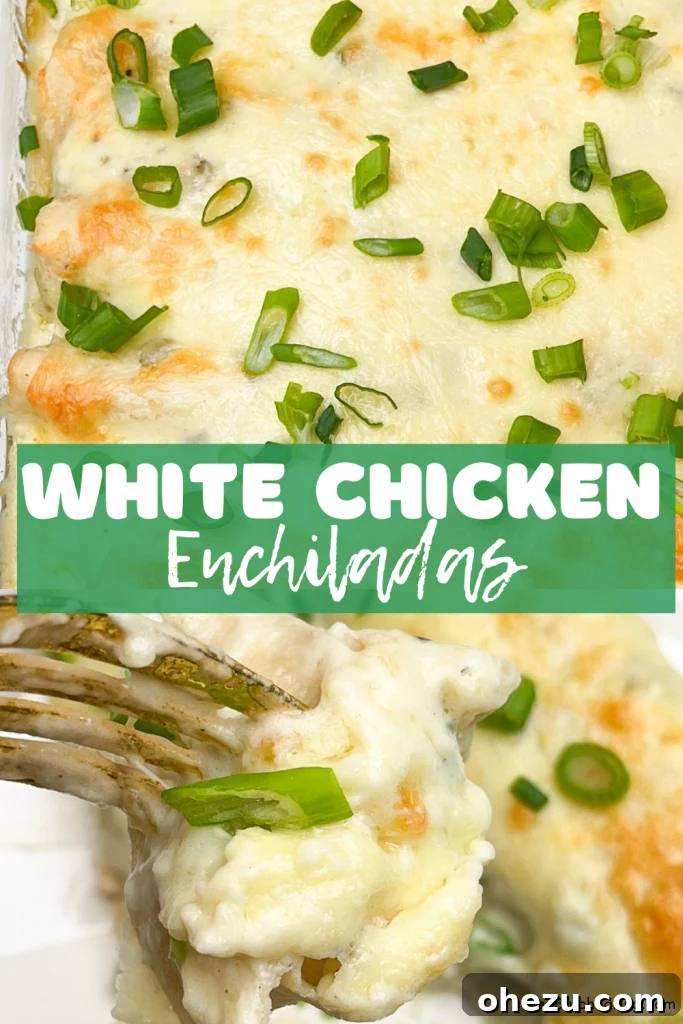 Bright and Creamy Chicken Enchiladas 5 A close-up of a single Tangy White Chicken Enchilada, garnished with green onions and lime