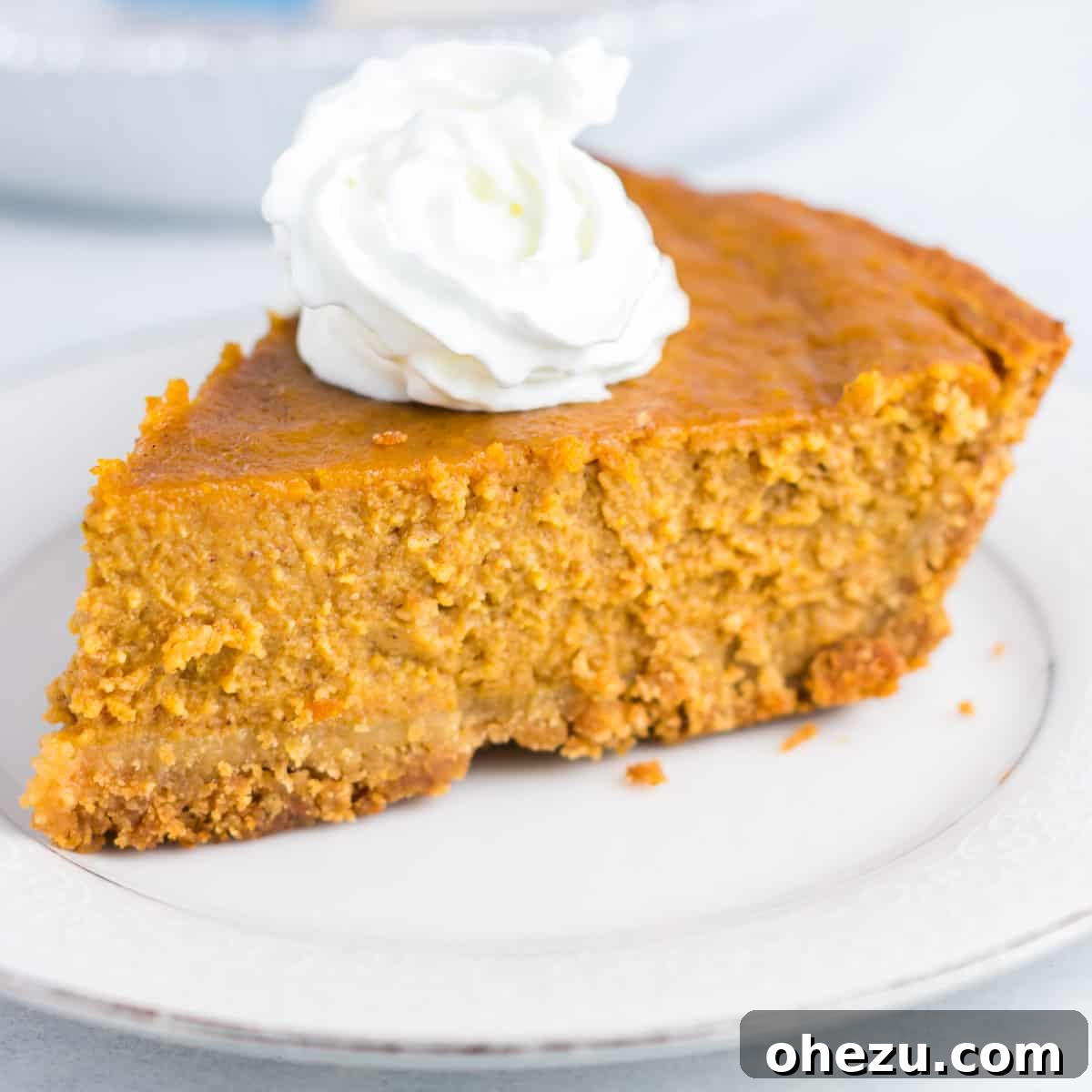 A close-up of a single slice of gluten-free pumpkin pie, highlighting its creamy texture and the golden graham cracker crust, topped with fresh whipped cream.