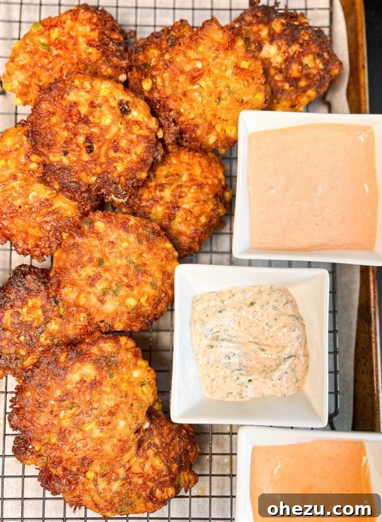 A close-up of a stack of golden Cheesy Corn Fritters, showing the melted cheese and visible corn kernels.