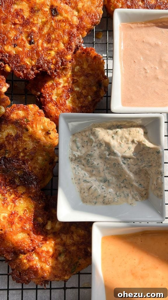 Various stages of Cheesy Corn Fritters preparation, showing fresh ingredients and batter mixing.