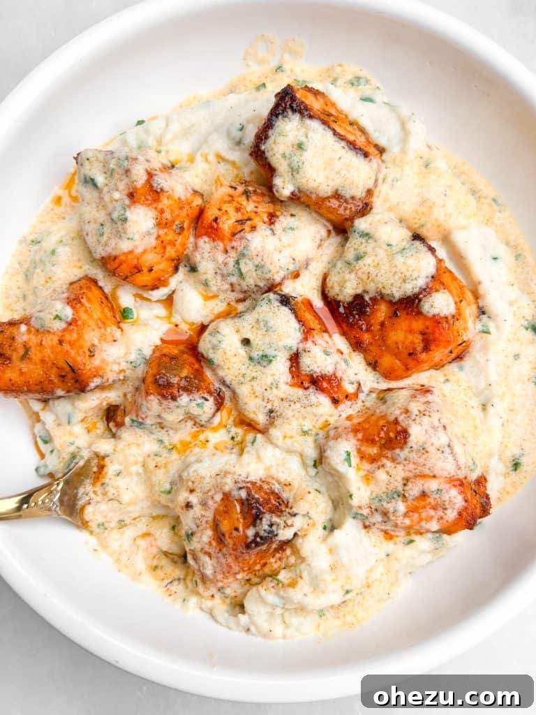 Savory Salmon with Velvety Garlic Sauce 4 Roasted Salmon Bites with Creamy Garlic Sauce