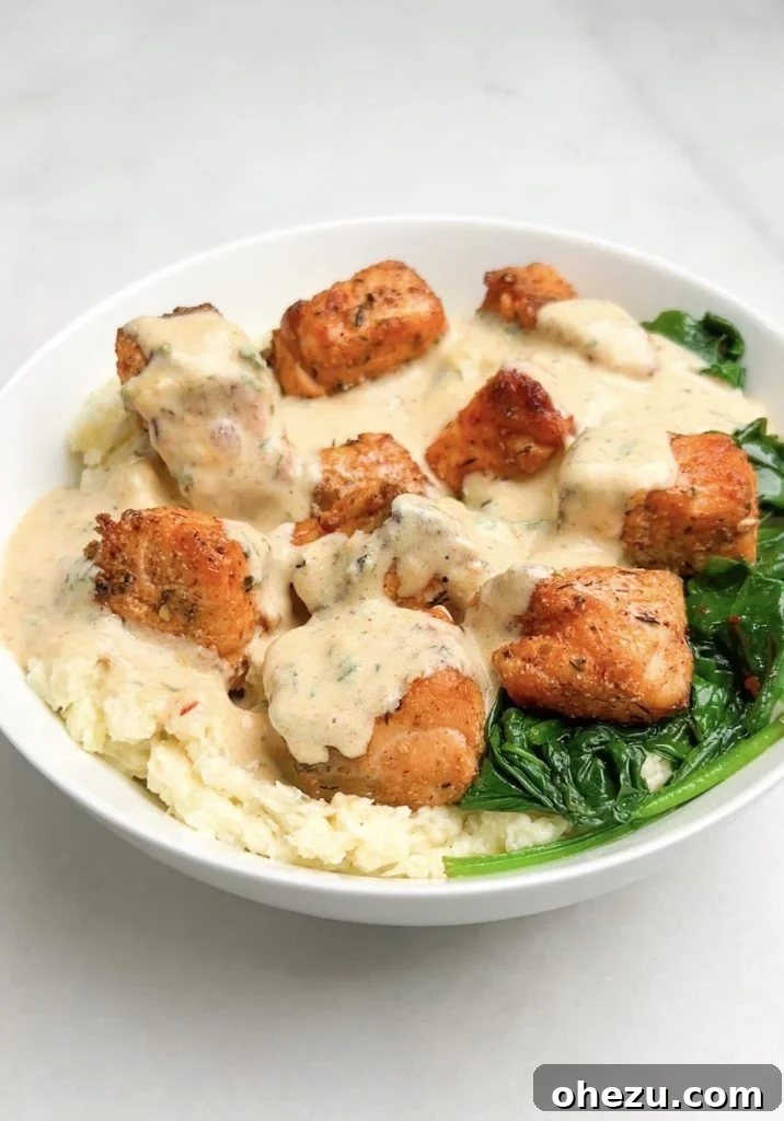 Savory Salmon with Velvety Garlic Sauce 6 Roasted Salmon Bites with Creamy Garlic Sauce