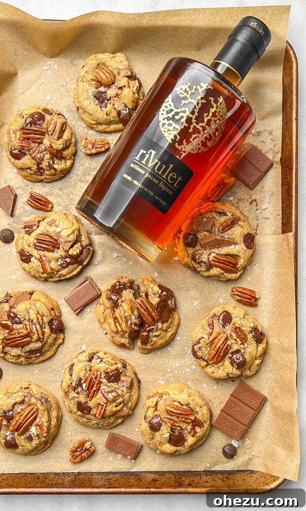Liqueur Spiked Brown Butter Pecan Cookies 7 Brown butter pecan cookies artfully arranged with Rivulet Pecan Liqueur