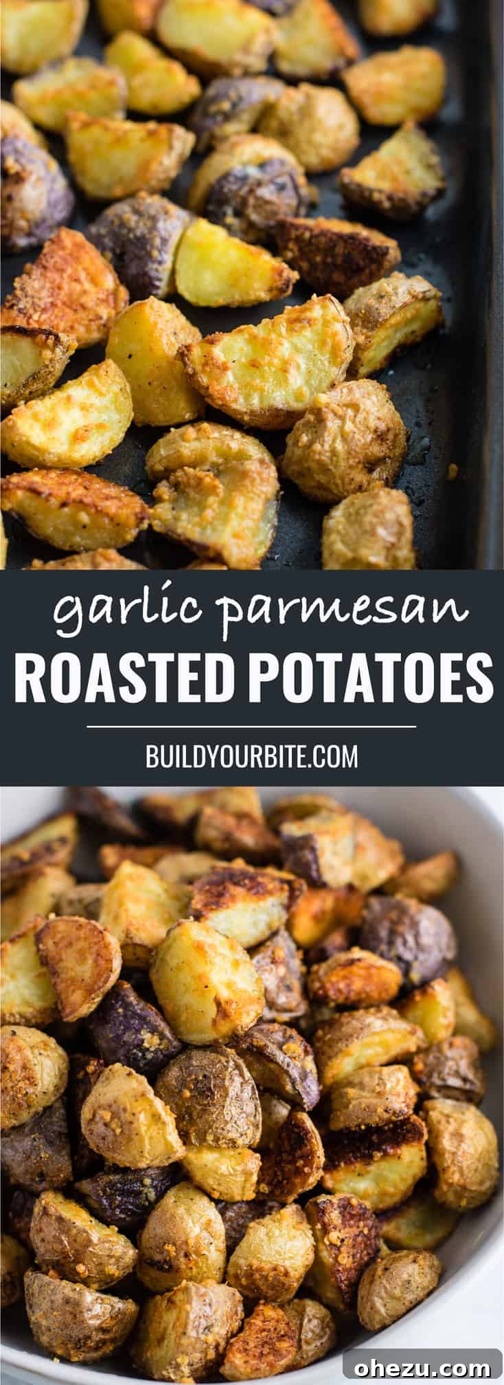 A final, appealing image of garlic parmesan roasted potatoes arranged beautifully, tempting viewers to try the recipe.