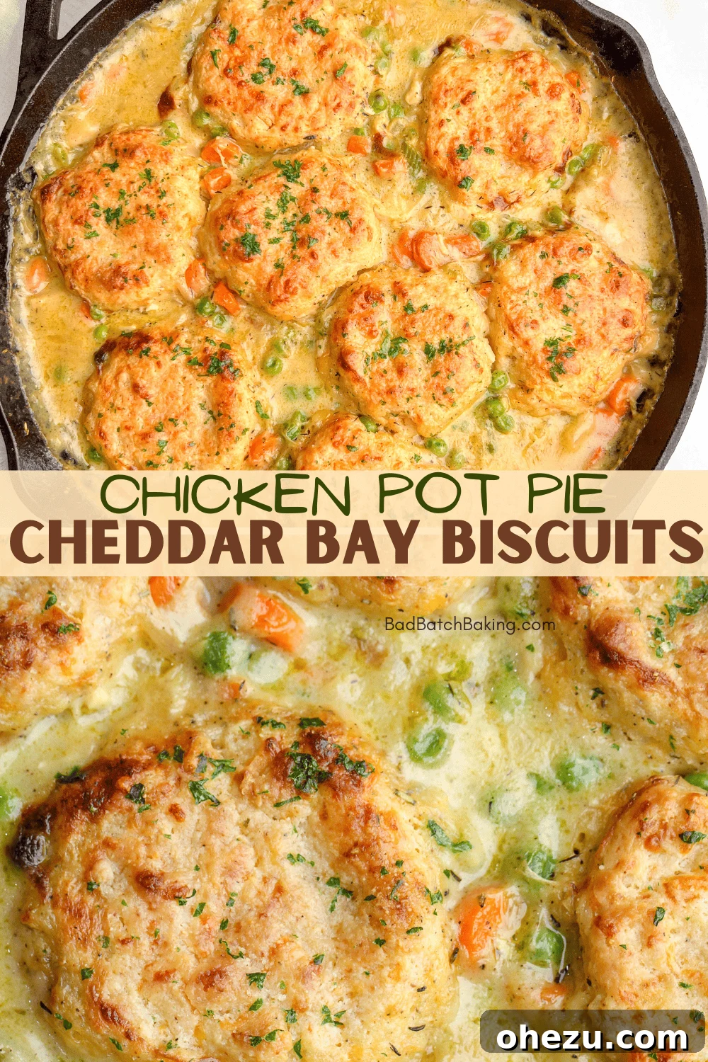 Savory Chicken Pot Pie Crowned with Cheddar Bay Biscuits 12 Close-up of baked chicken pot pie with melted cheese from the biscuits.