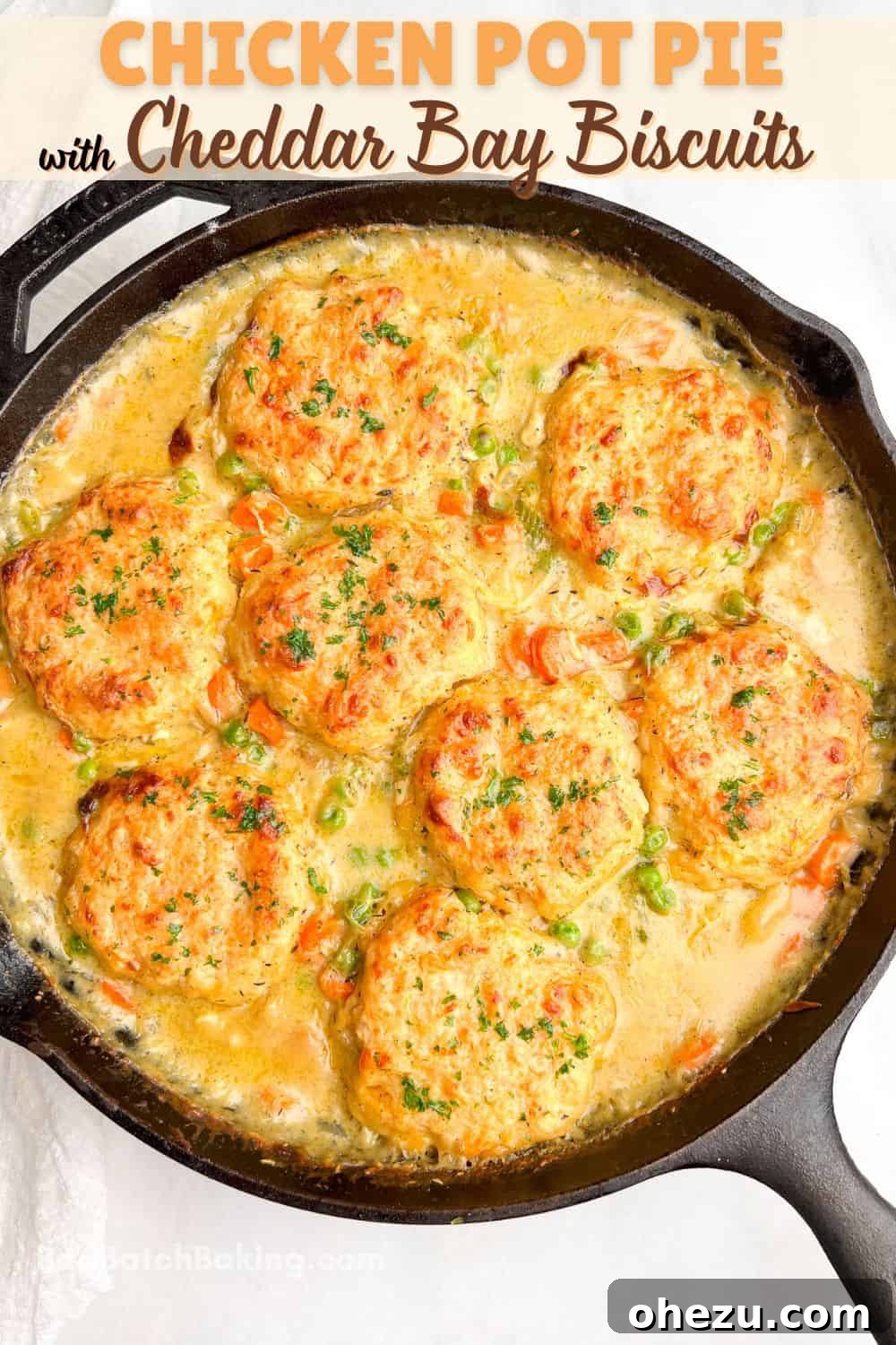 Savory Chicken Pot Pie Crowned with Cheddar Bay Biscuits 14 One-pan chicken pot pie, showing the rich filling and golden biscuit topping.