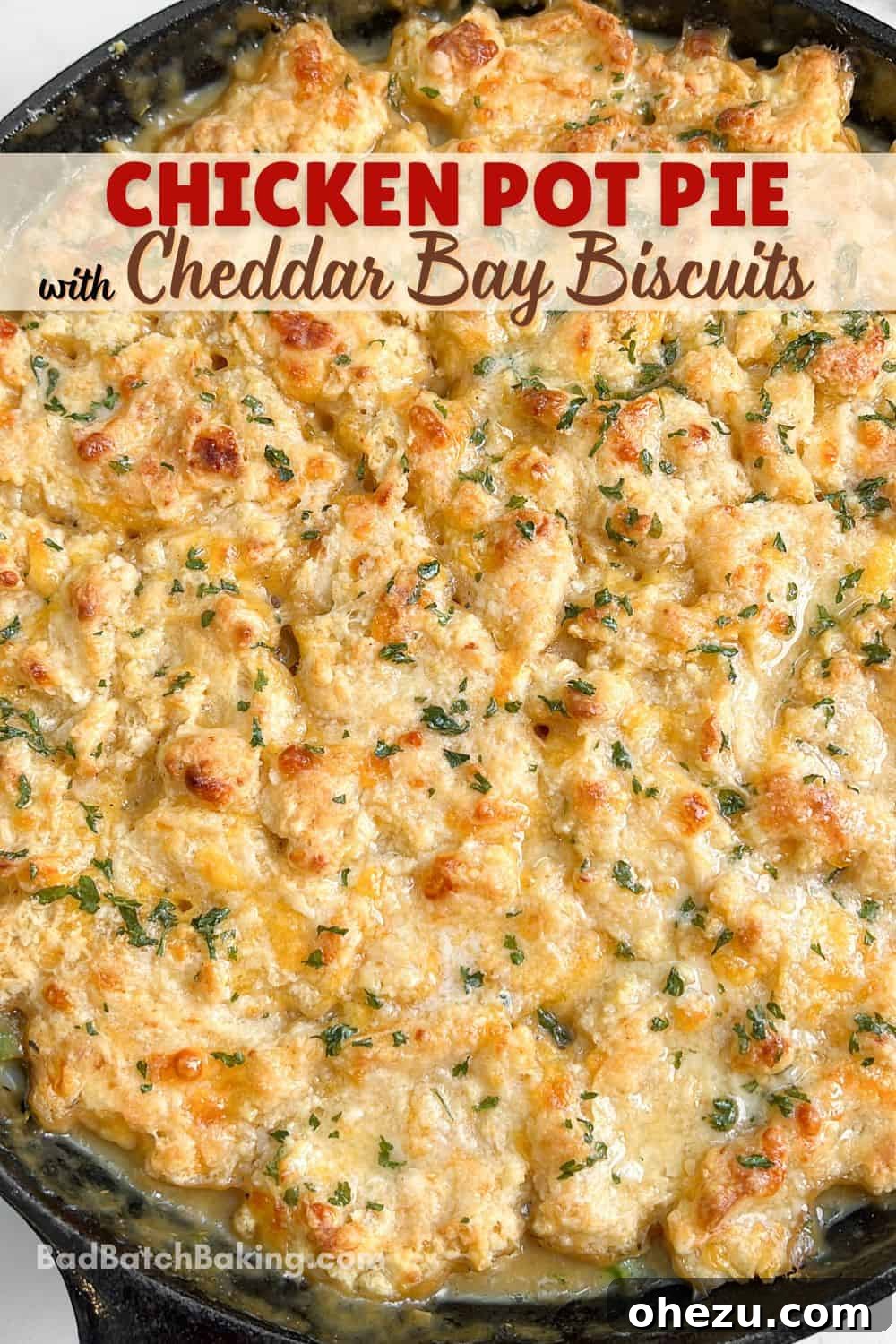 Savory Chicken Pot Pie Crowned with Cheddar Bay Biscuits 15 Another perspective of the finished chicken pot pie with cheddar bay biscuits, highlighting its comforting appeal.