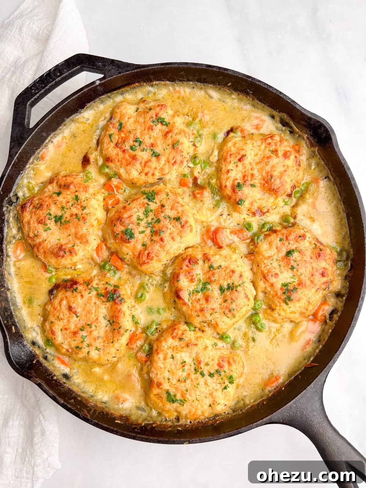 Savory Chicken Pot Pie Crowned with Cheddar Bay Biscuits 4 A close-up of a serving of chicken pot pie with cheddar bay biscuits, showing the creamy filling and golden biscuit.