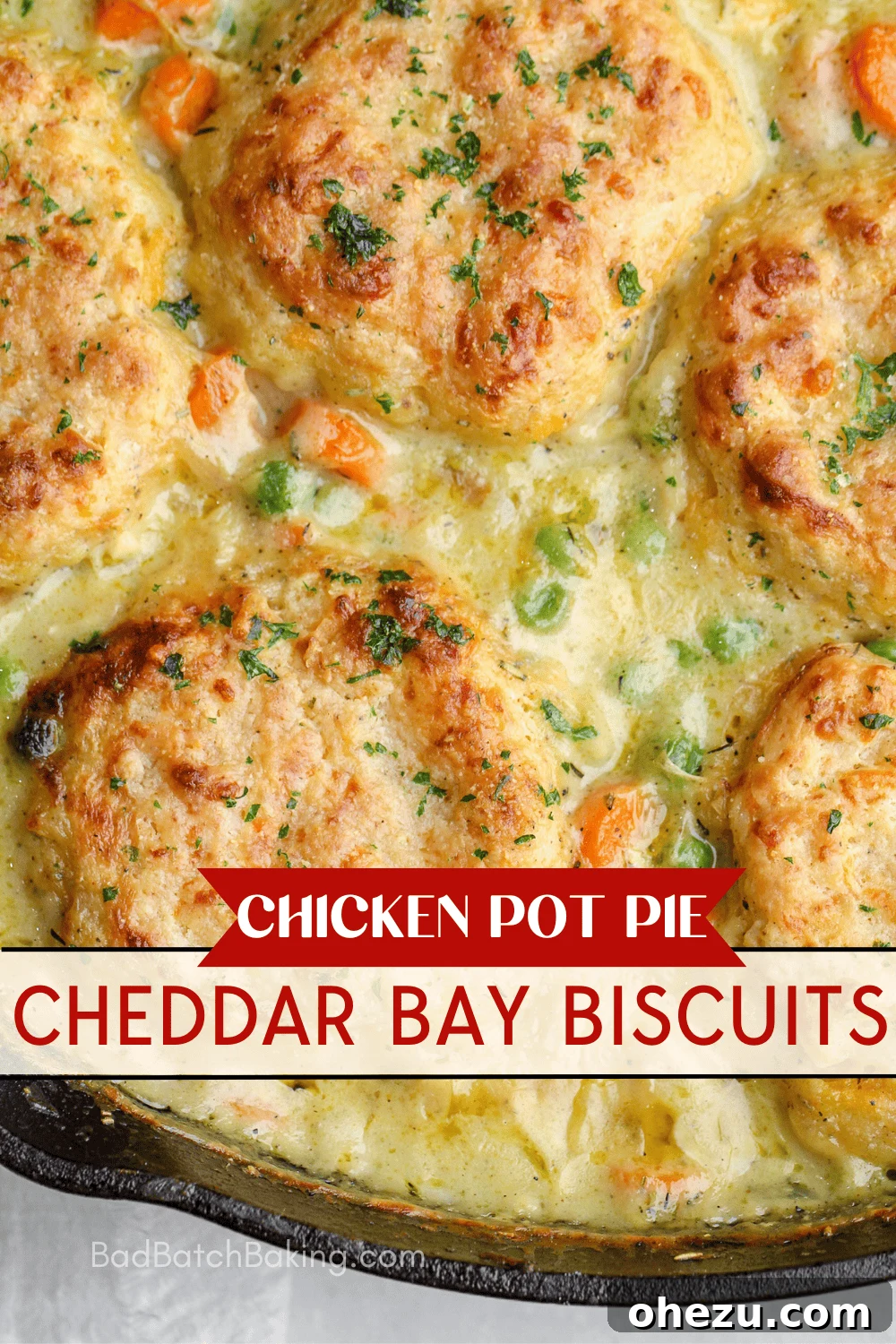 Savory Chicken Pot Pie Crowned with Cheddar Bay Biscuits 5 Raw cheddar bay biscuit dough balls on a baking sheet, ready for the oven.