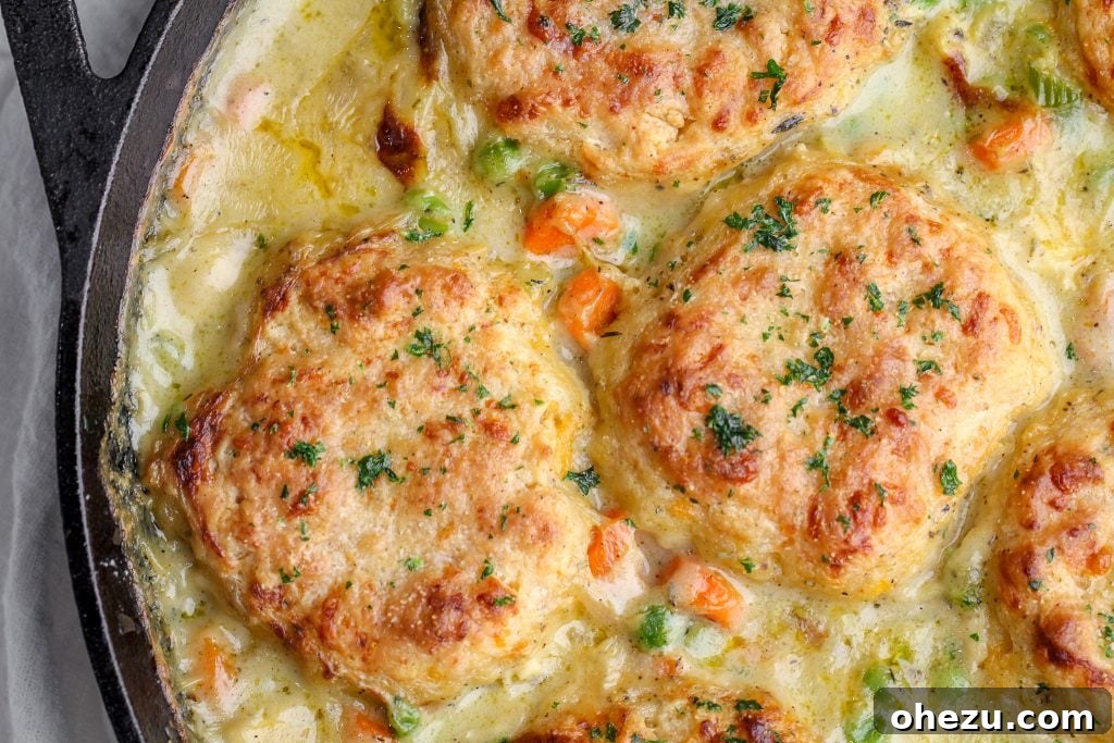 Savory Chicken Pot Pie Crowned with Cheddar Bay Biscuits 8 A close-up shot of the chicken pot pie with biscuits, fresh out of the oven, with garlic butter brushed on top.