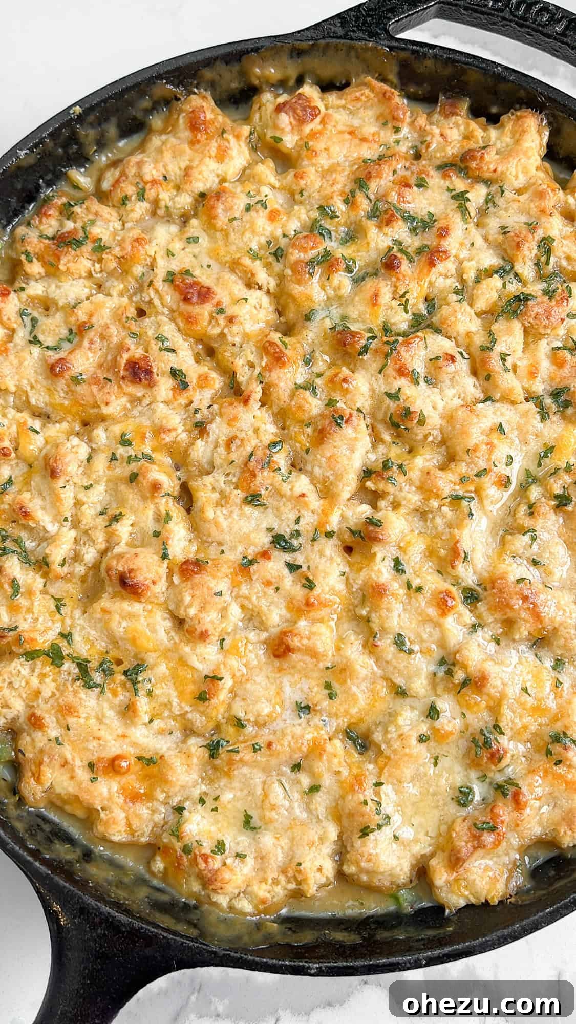Savory Chicken Pot Pie Crowned with Cheddar Bay Biscuits 9 A large skillet of chicken pot pie with perfectly baked, golden brown round cheddar bay biscuits.