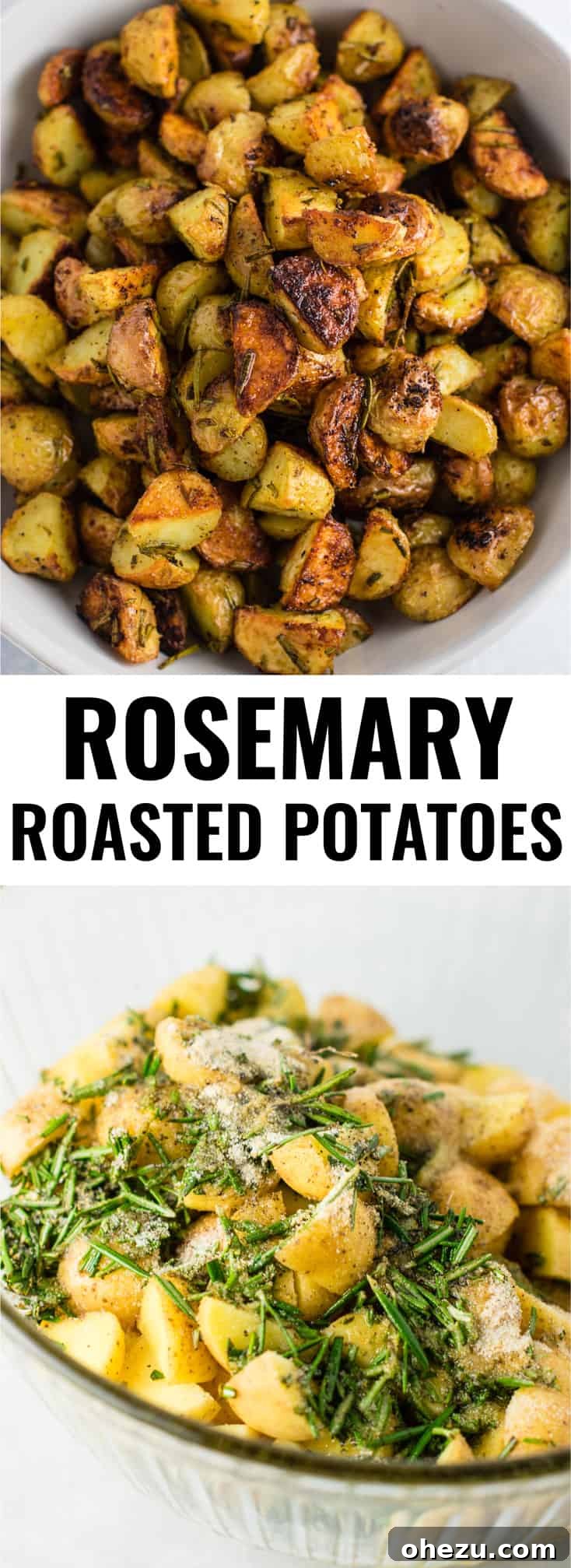 Pinterest pin graphic featuring a large image of rosemary roasted potatoes with the recipe title and branding.