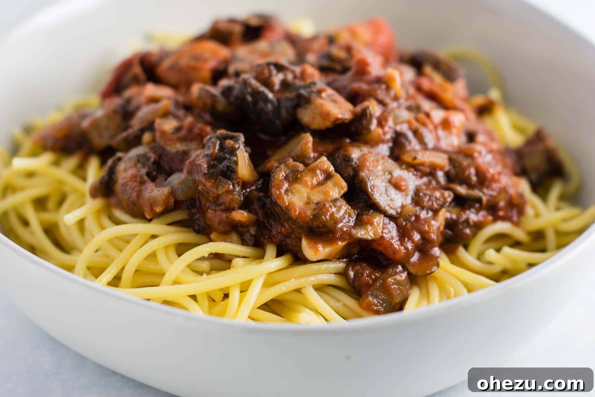 A final shot of the delicious meatless spaghetti sauce served over pasta in a clean white bowl, highlighting its vibrant color and appealing texture.