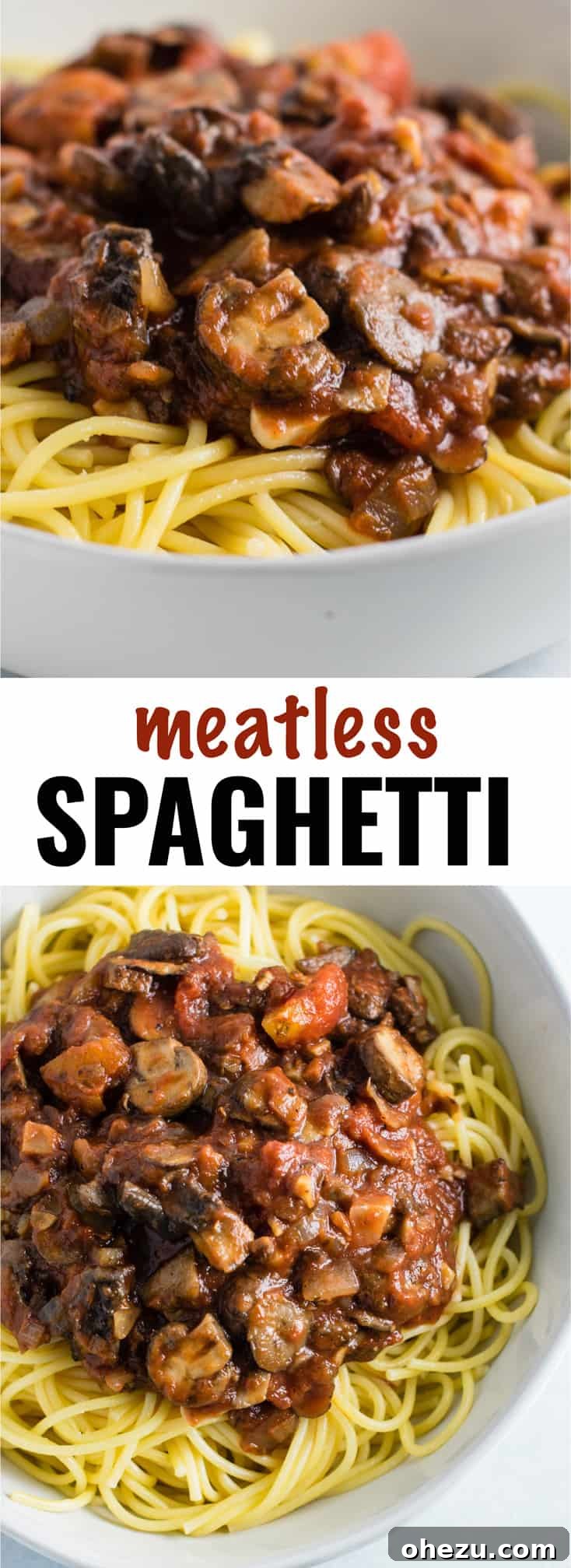 Pinterest pin graphic featuring an easy meatless spaghetti sauce recipe made with mushrooms, garlic, and onions. A delicious 'meaty' vegetarian spaghetti recipe idea.