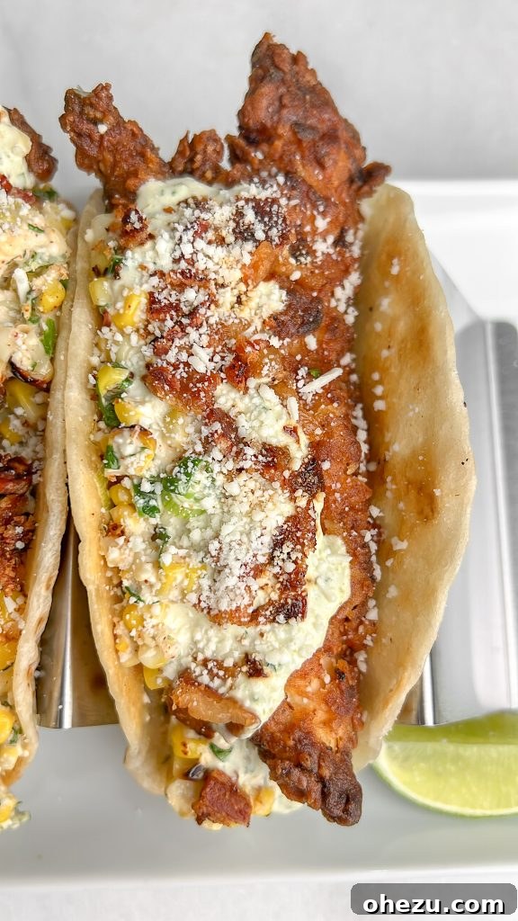 Crispy Chicken Elote Tacos with Bacon & Zesty Jalapeño Ranch 5 Assembled Fried Chicken Street Corn Tacos