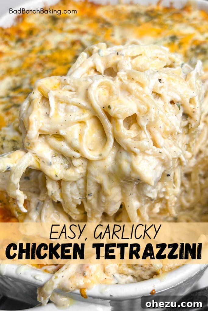 Effortless Creamy Chicken Tetrazzini 5 Close-up of baked Easy Chicken Tetrazzini in a casserole dish, garnished with parsley