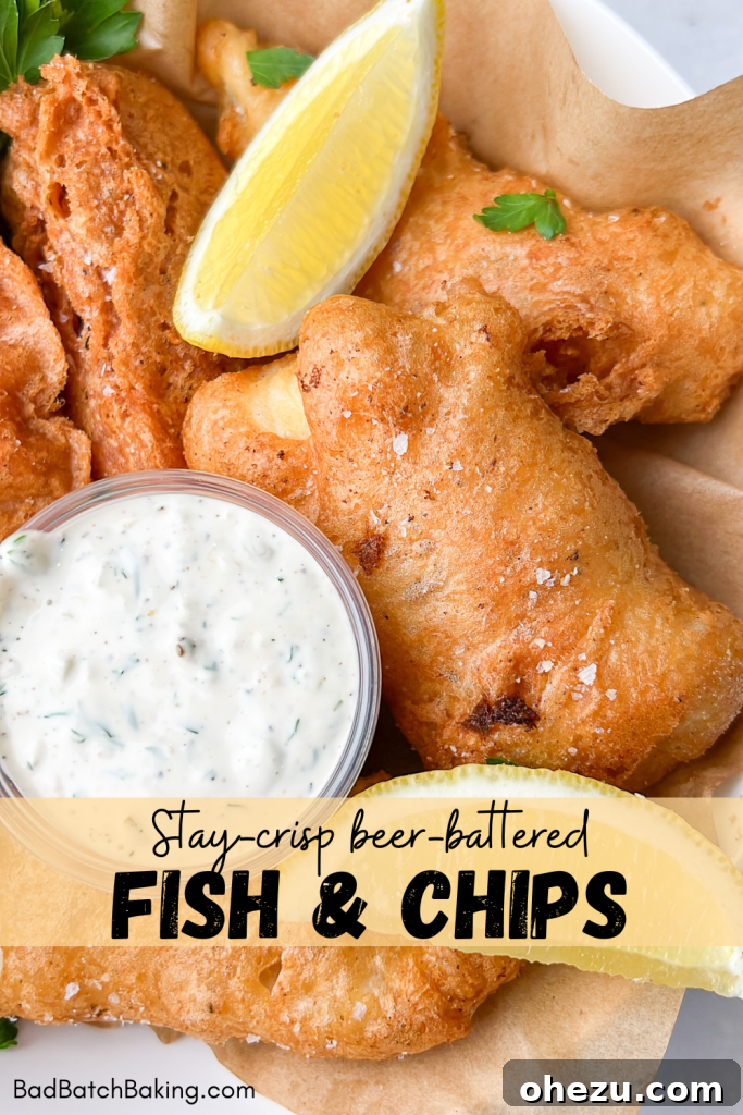Plated fish and chips with homemade tartar sauce and lemon