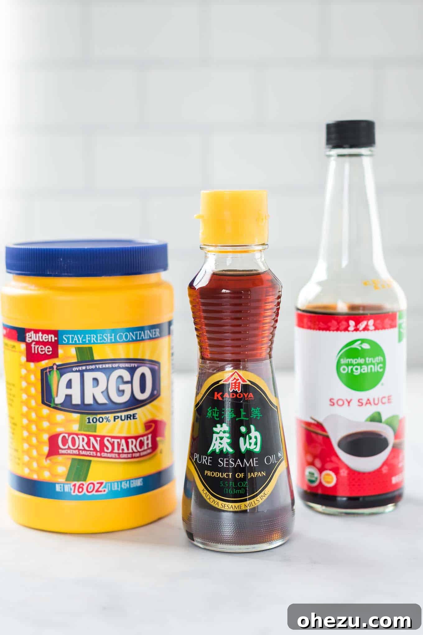 Gourmet Stir Fry Sauce 3 Jars of sesame oil, soy sauce, and corn starch, the three simple ingredients for the stir fry sauce