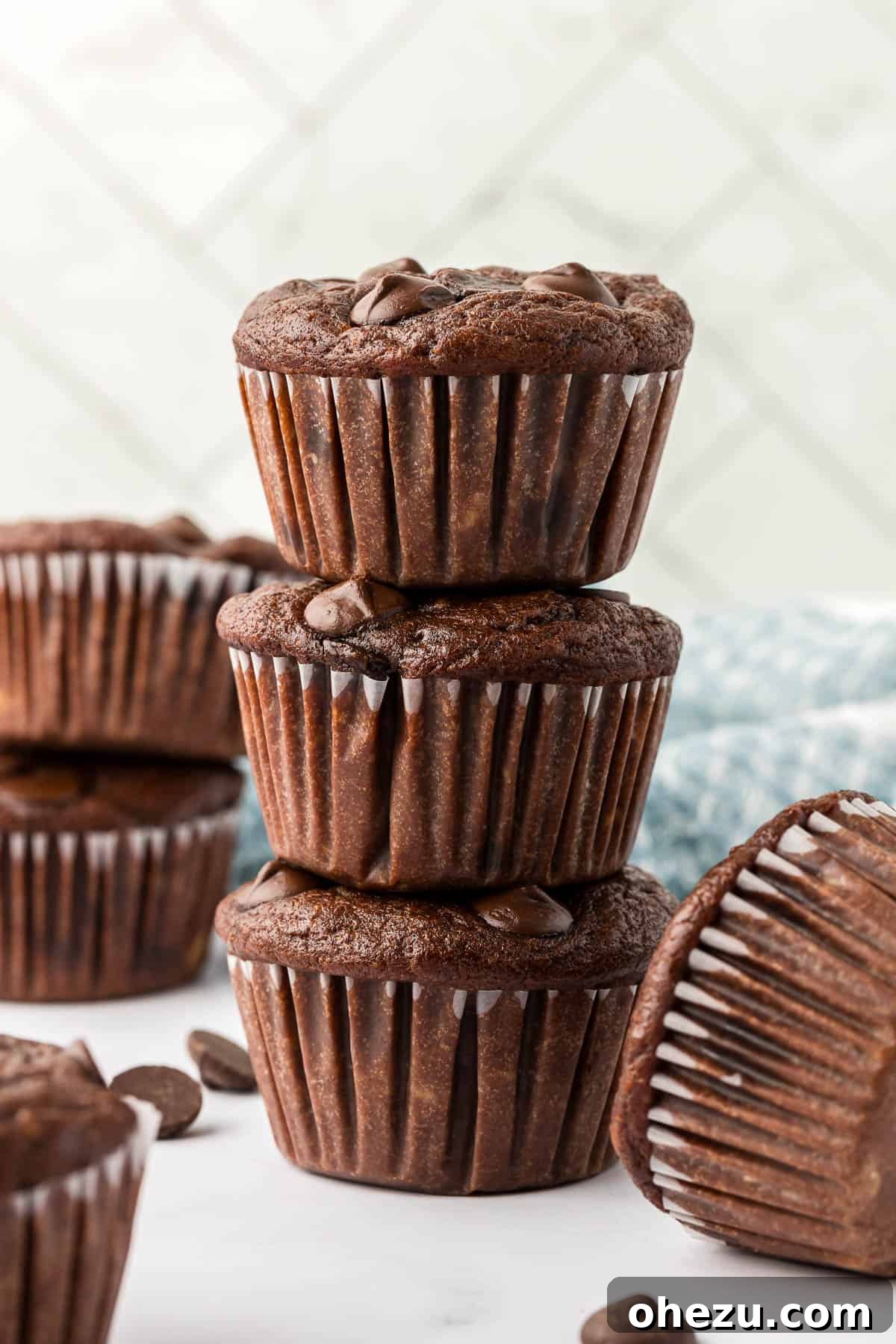 healthy chocolate muffins stacked