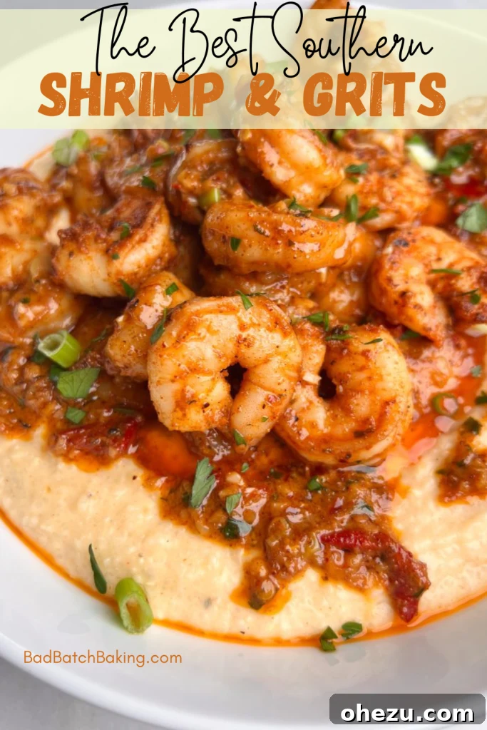 Down-Home Southern Shrimp and Grits 4 Plated Southern Shrimp and Grits with a focus on creamy texture and seared shrimp