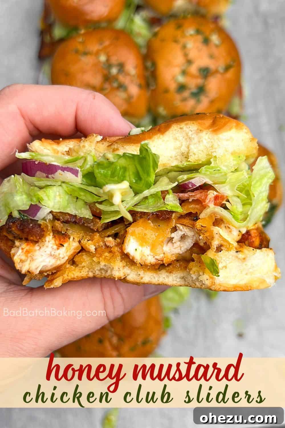 Sweet & Tangy Honey Mustard Chicken BLT Sliders 9 Overhead shot of Honey Mustard BLT Chicken Sliders on a rustic wooden board