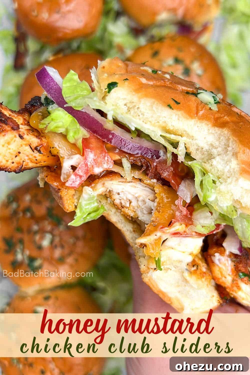Sweet & Tangy Honey Mustard Chicken BLT Sliders 11 Arrangement of Honey Mustard BLT Chicken Sliders with a focus on fresh ingredients