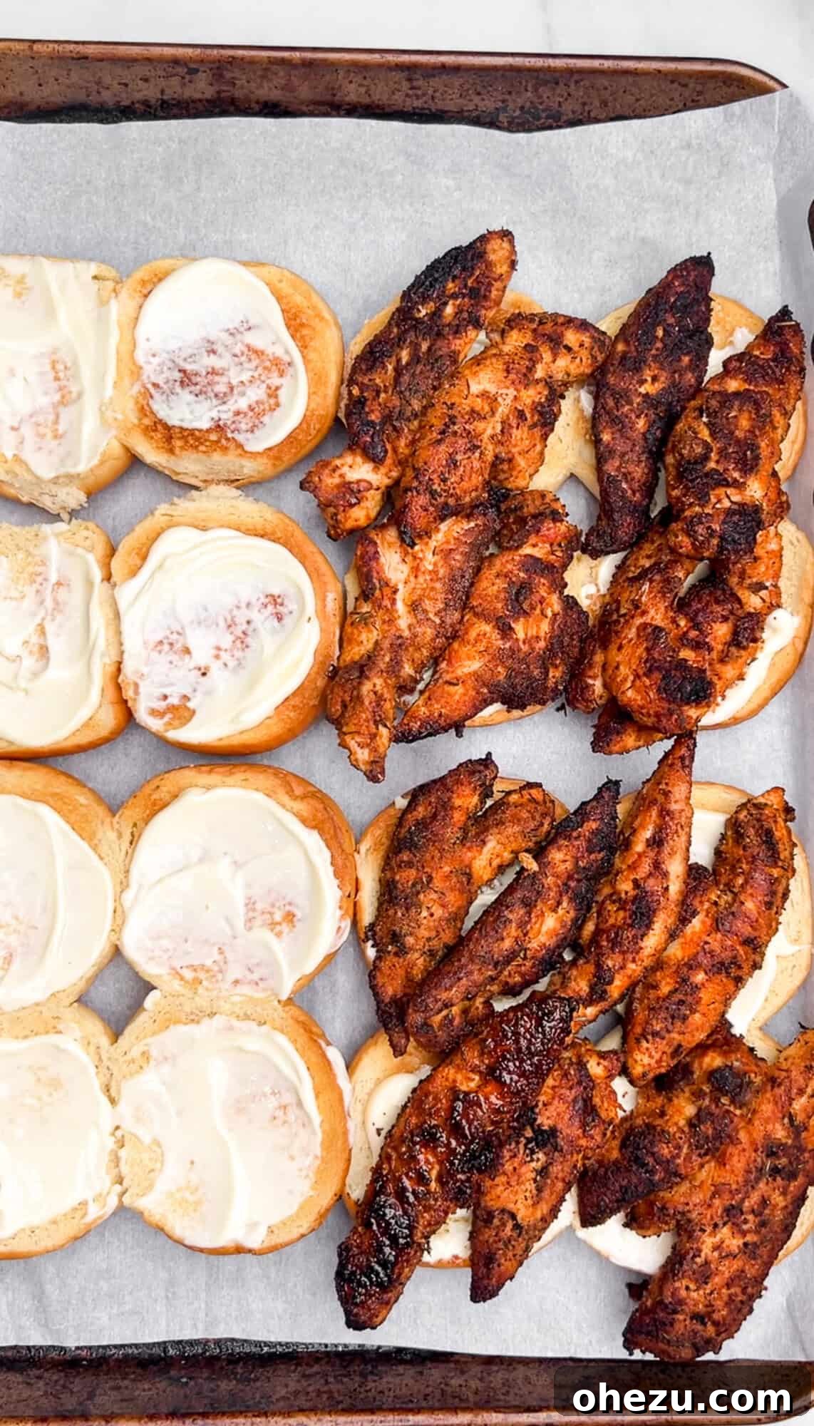 Sweet & Tangy Honey Mustard Chicken BLT Sliders 5 Assembling Honey Mustard BLT Chicken Sliders with mayonnaise and chicken