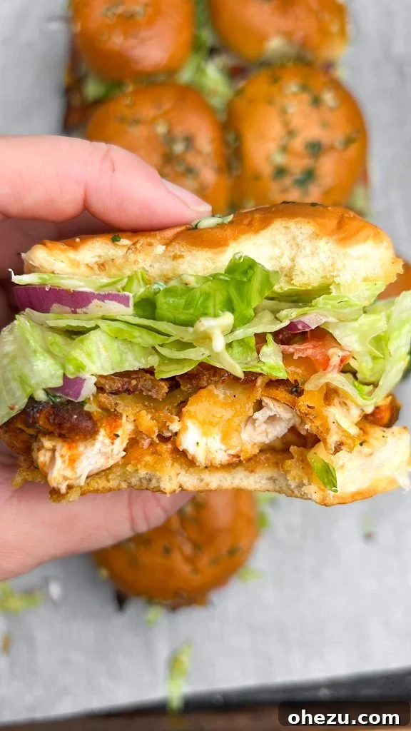 Sweet & Tangy Honey Mustard Chicken BLT Sliders 6 Finished Honey Mustard BLT Chicken Sliders garnished with fresh lettuce and tomato