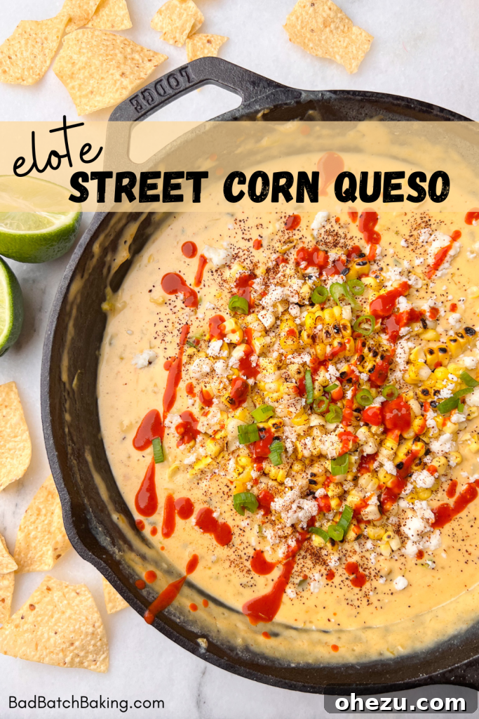 Elote Queso, a creamy cheese dip with street corn flavors