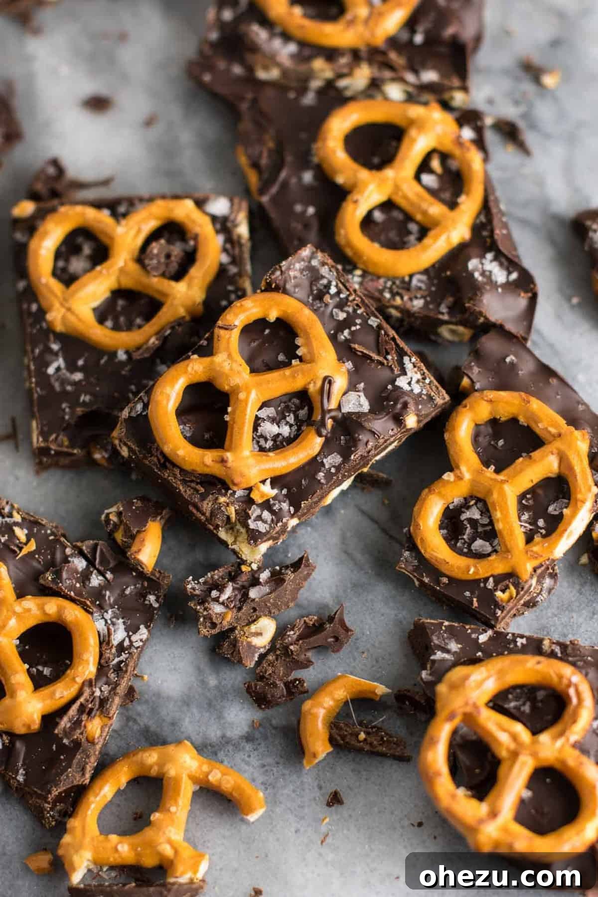 Vegan Sweet & Salty Chocolate Pretzel Bark 2 Delicious Vegan Chocolate Sea Salt Pretzel Bark with pretzels and sea salt flakes, perfect for a gluten-free and dairy-free treat.