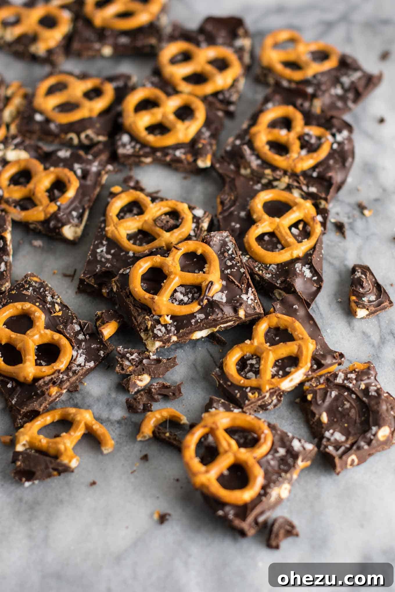 Vegan Sweet & Salty Chocolate Pretzel Bark 12 Several irregular pieces of Vegan Chocolate Sea Salt Pretzel Bark piled on a white plate, ready for serving.