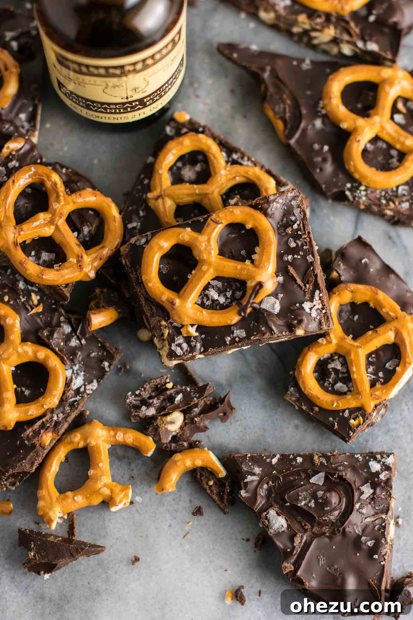 Vegan Sweet & Salty Chocolate Pretzel Bark 13 Final presentation of Vegan Chocolate Sea Salt Pretzel Bark pieces on a light-colored background.